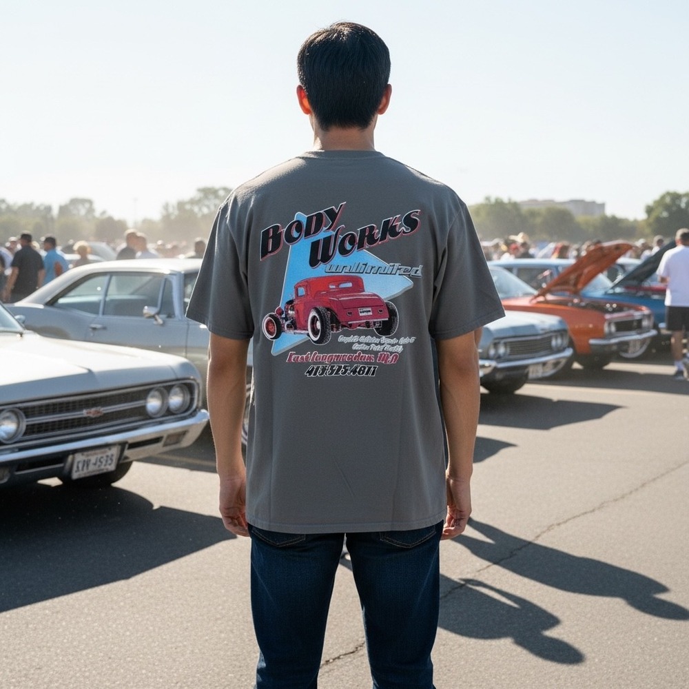 Body Works Unlimited Hot Rod Graphic T-Shirt Gray Mens Large Car Enthusiast Tee